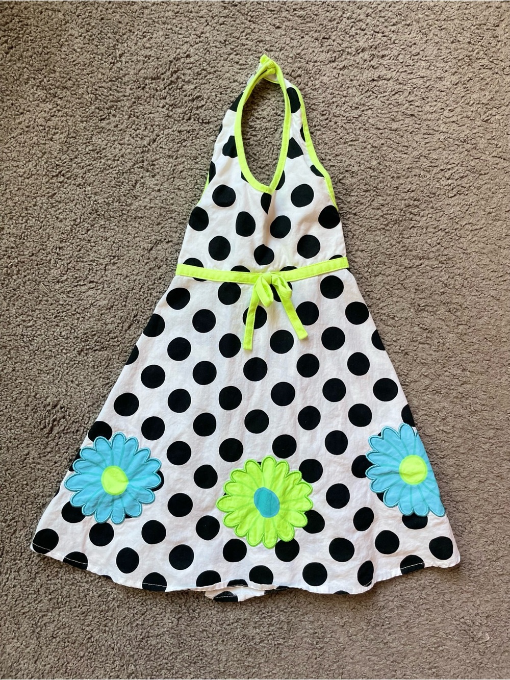 Girls Polka Dot Halter Dress with Neon Trim and Flower Appliqués